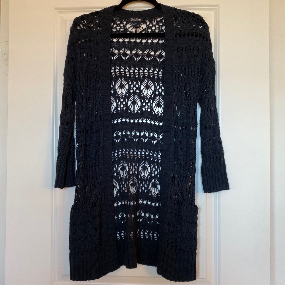 Lucky Brand Blue Lacey Crochet Cardigan | size med